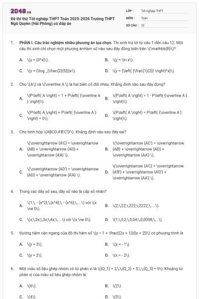 Đề thi thử Tốt nghiệp THPT Toán 2025-2026 Trường THPT Ngô Quyền (Hải Phòng) có đáp án