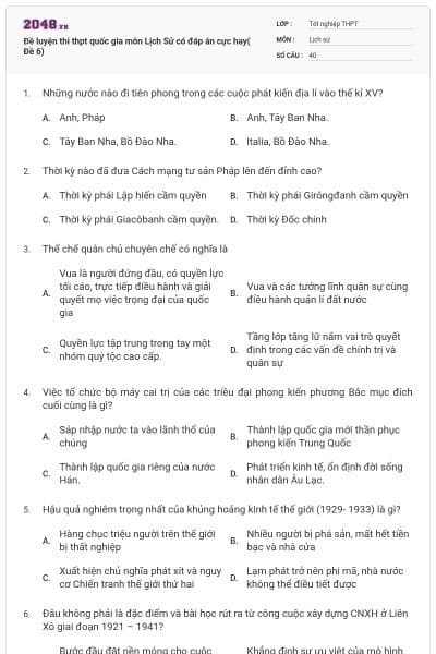 Đề luyện thi thpt quốc gia môn Lịch Sử có đáp án cực hay( Đề 6)
