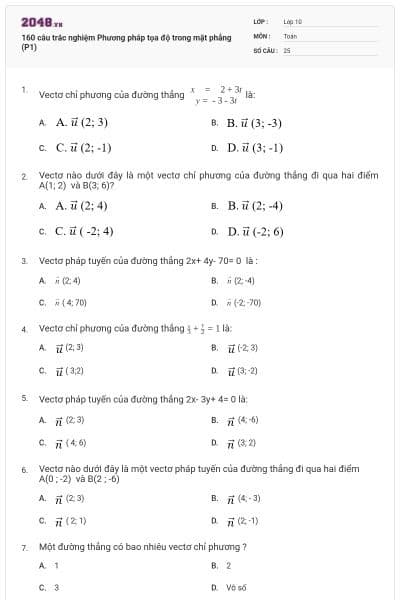 160 câu trắc nghiệm Phương pháp tọa độ trong mặt phẳng (P1)