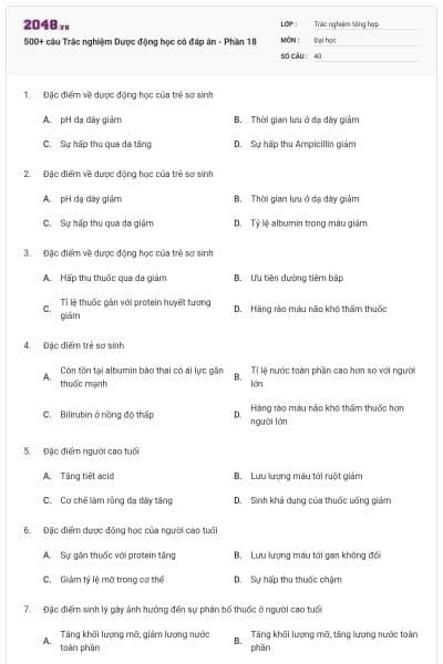 500+ câu Trắc nghiệm Dược động học có đáp án - Phần 18