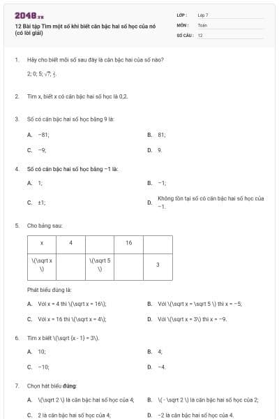12 Bài tập Tìm một số khi biết căn bậc hai số học của nó (có lời giải)