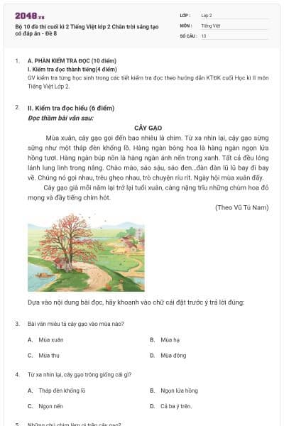 Bộ 10 đề thi cuối kì 2 Tiếng Việt lớp 2 Chân trời sáng tạo có đáp án - Đề 8