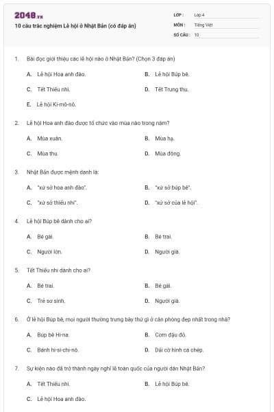 10 câu trắc nghiệm Lễ hội ở Nhật Bản (có đáp án)
