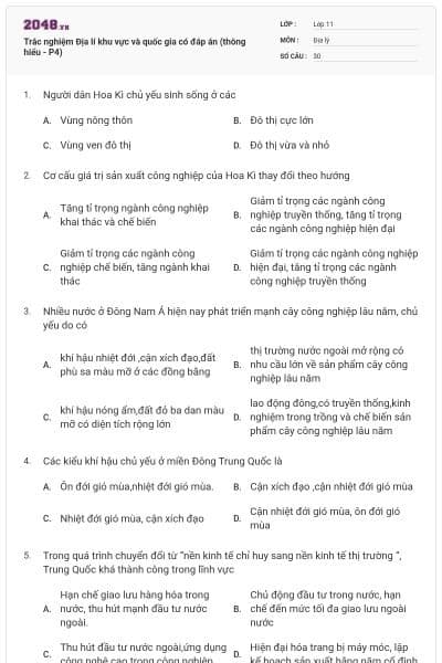 Trắc nghiệm Địa lí khu vực và quốc gia có đáp án (thông hiểu - P4)