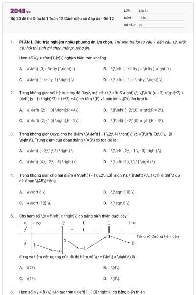 Bộ 20 đề thi Giữa kì 1 Toán 12 Cánh diều có đáp án - Đề 12