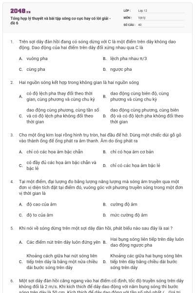 Tổng hợp lý thuyết và bài tập sóng cơ cực hay có lời giải - đề 6