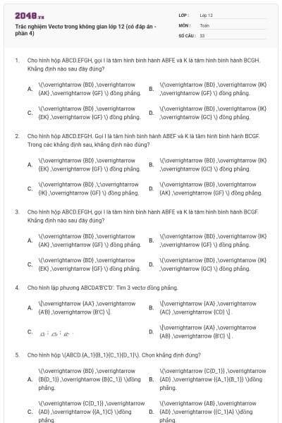 Trắc nghiệm Vectơ trong không gian lớp 12 (có đáp án - phần 4)