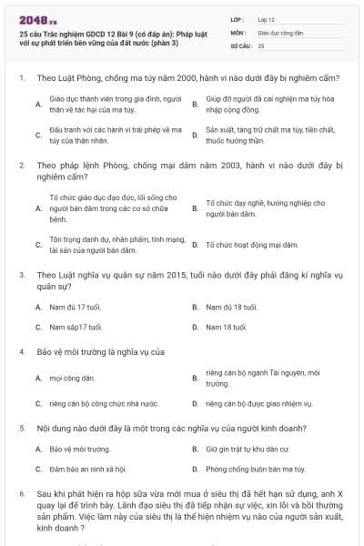 25 câu Trắc nghiệm GDCD 12 Bài 9 (có đáp án): Pháp luật với sự phát triển bền vững của đất nước (phần 3)