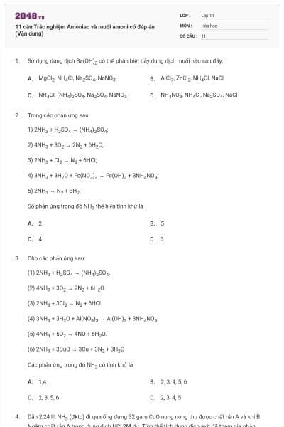 11 câu  Trắc nghiệm Amoniac và muối amoni có đáp án (Vận dụng)
