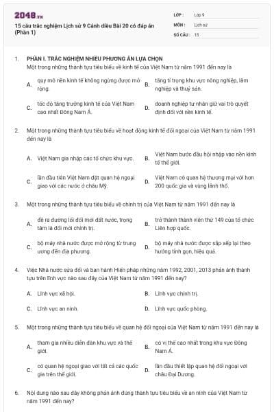 15 câu trắc nghiệm Lịch sử 9 Cánh diều Bài 20 có đáp án (Phần 1)