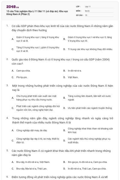 15 câu Trắc nghiệm Địa Lí 11 Bài 11 (có đáp án): Khu vực Đông Nam Á (Phần 2)