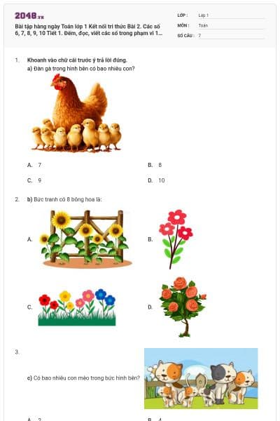 Bài tập hàng ngày Toán lớp 1 Kết nối tri thức   Bài 2. Các số 6, 7, 8, 9, 10 Tiết 1. Đếm, đọc, viết các số trong phạm vi 10 có đáp án