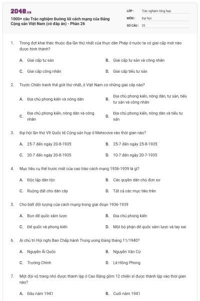 1000+ câu Trắc nghiệm Đường lối cách mạng của Đảng Cộng sản Việt Nam (có đáp án) - Phần 26
