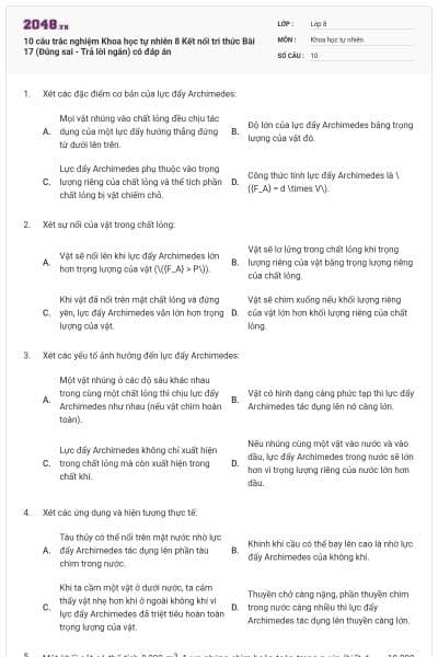 10 câu trắc nghiệm Khoa học tự nhiên 8 Kết nối tri thức Bài 17 (Đúng sai - Trả lời ngắn) có đáp án