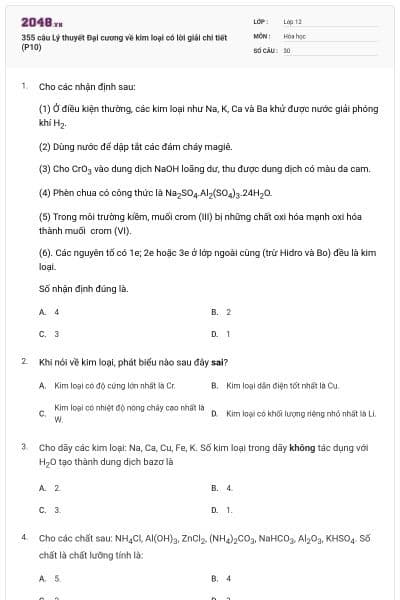 355 câu Lý thuyết Đại cương về kim loại có lời giải chi tiết (P10)