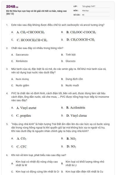 Đề thi Hóa học cực hay có lời giải chi tiết cơ bản, nâng cao (Đề 13)