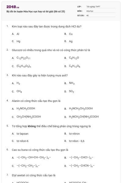 Bộ đề ôn luyện Hóa Học cực hay có lời giải (Đề số 25)