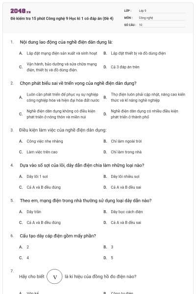 Đề kiểm tra 15 phút Công nghệ 9 Học kì 1 có đáp án (Đề 4)