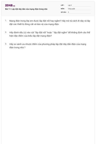 Bài 11: Lắp đặt dây dẫn của mạng điện trong nhà