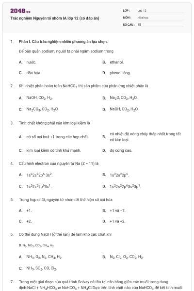 Trắc nghiệm Nguyên tố nhóm IA lớp 12 (có đáp án)