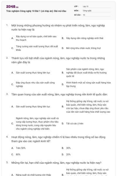 Trắc nghiệm Công nghệ 10 Bài 1 (có đáp án): Bài mở đầu