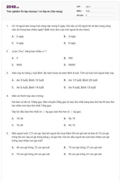 Trắc nghiệm Ôn tập chương 1 có đáp án (Vận dụng)
