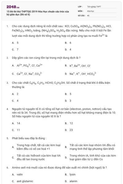 15 Đề thi thử THPTQG 2019 Hóa Học chuẩn cấu trúc của bộ giáo dục (Đề số 6)