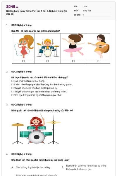 Bài tập hàng ngày Tiếng Việt lớp 4 Bài 6. Nghệ sĩ trống (có đáp án)