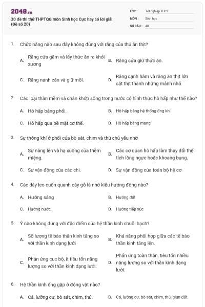 30 đề thi thử THPTQG môn Sinh học Cực hay có lời giải (Đề số 20)