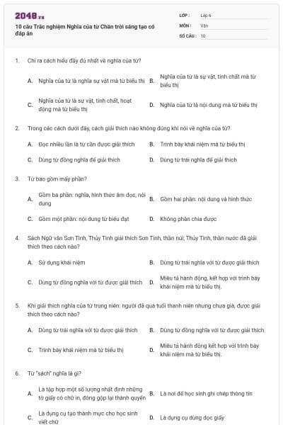 10 câu Trắc nghiệm Nghĩa của từ Chân trời sáng tạo có đáp án