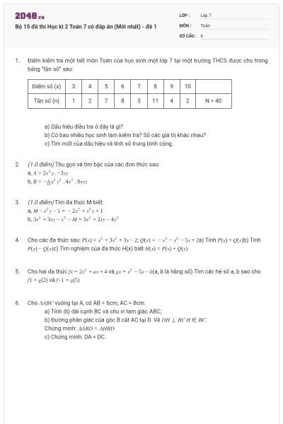 Bộ 15 đề thi Học kì 2 Toán 7 có đáp án (Mới nhất) - đề 1
