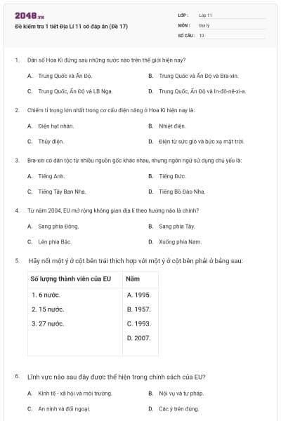 Đề kiểm tra 1 tiết Địa Lí 11 có đáp án (Đề 17)