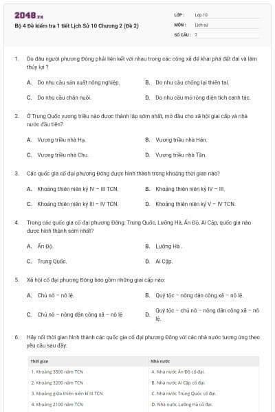 Bộ 4  Đề kiểm tra 1 tiết Lịch Sử 10 Chương 2 (Đề 2)