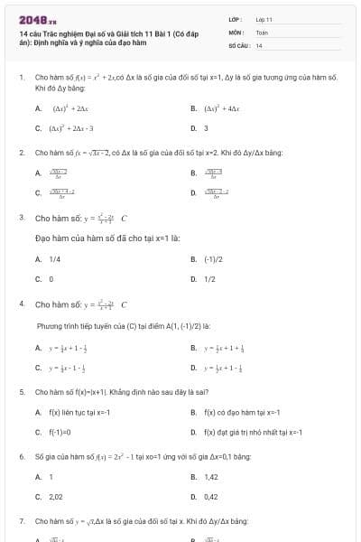 14 câu Trắc nghiệm Đại số và Giải tích 11 Bài 1 (Có đáp án): Định nghĩa và ý nghĩa của đạo hàm