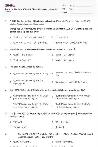 Bộ 10 đề thi giữa kì 1 Toán 10 Chân trời sáng tạo có đáp án - Đề 9
