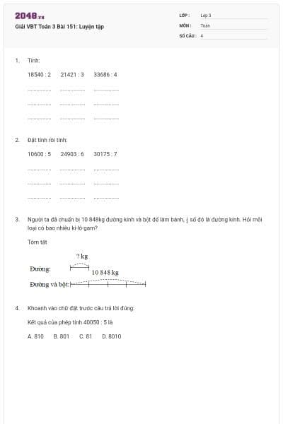 Giải VBT Toán 3 Bài 151: Luyện tập