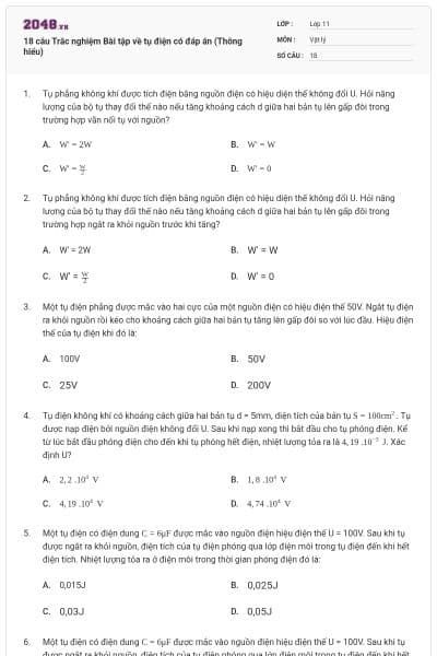 18 câu Trắc nghiệm Bài tập về tụ điện có đáp án (Thông hiểu)
