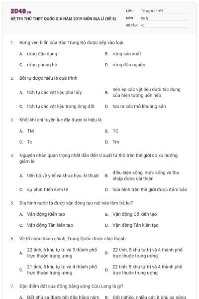 ĐỀ THI THỬ THPT QUỐC GIA NĂM 2019 MÔN ĐỊA LÍ (ĐỀ 8)