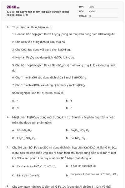 330 Bài tập Sắt và một số kim loại quan trọng ôn thi Đại học có lời giải (P4)