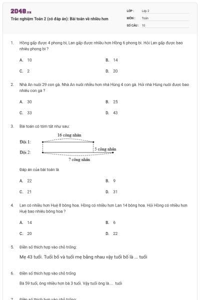 Trắc nghiệm Toán 2 (có đáp án): Bài toán về nhiều hơn