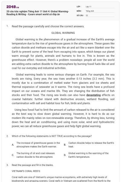 20 câu trắc nghiệm Tiếng Anh 11 Unit 4: Global Warming- Reading & Writing - iLearn smart world có đáp án