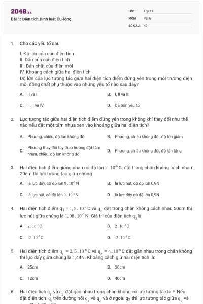 Bài 1: Điện tích.Định luật Cu-lông