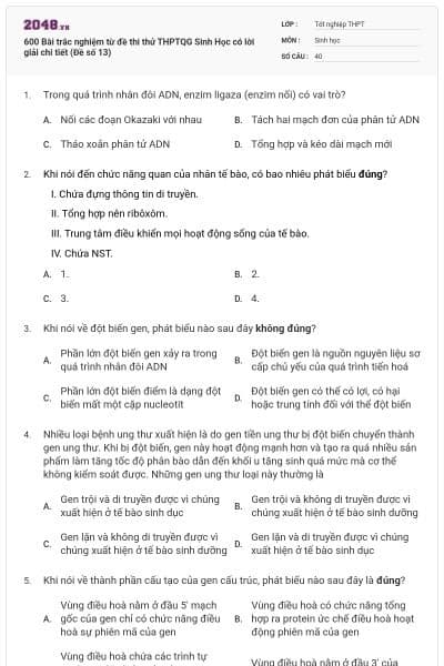 600 Bài trắc nghiệm từ đề thi thử THPTQG Sinh Học có lời giải chi tiết (Đề số 13)