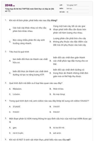 Tổng hợp đề thi thử THPTQG môn Sinh Học có đáp án (Đề số 11)