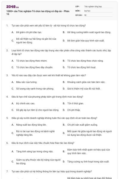 1000+ câu Trắc nghiệm Tổ chức lao động có đáp án - Phần 16