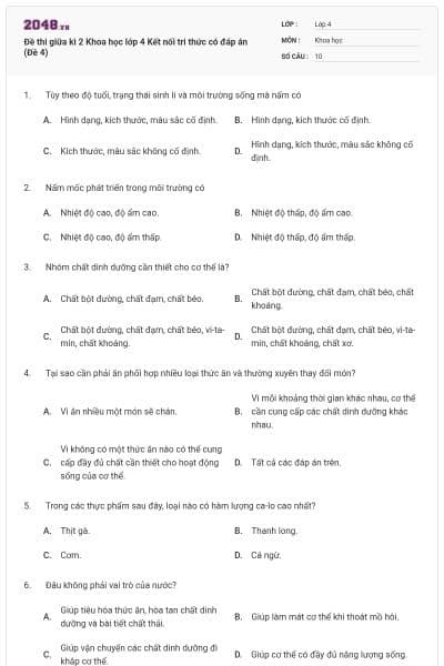 Đề thi giữa kì 2 Khoa học lớp 4 Kết nối tri thức có đáp án (Đề 4)