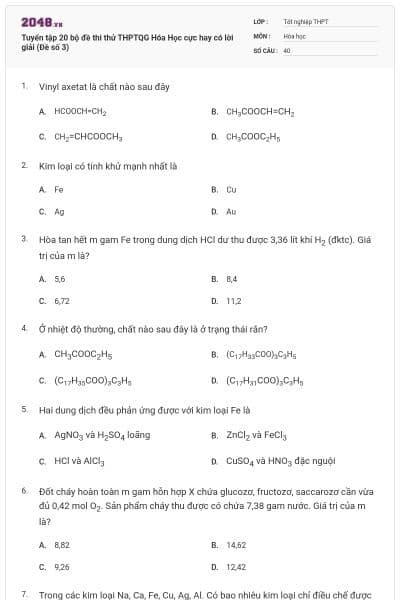 Tuyển tập 20 bộ đề thi thử THPTQG Hóa Học cực hay có lời giải (Đề số 3)