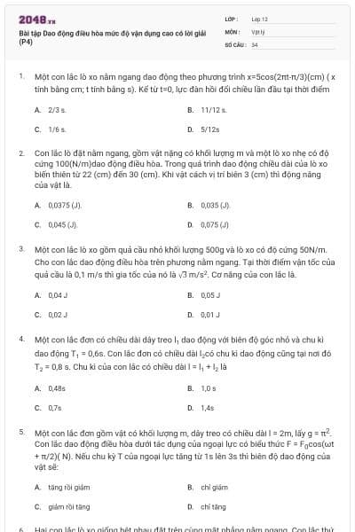 Bài tập Dao động điều hòa mức độ vận dụng cao có lời giải (P4)