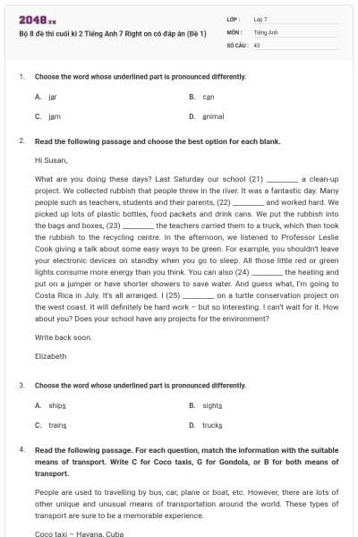 Bộ 8 đề thi cuối kì 2 Tiếng Anh 7 Right on có đáp án (Đề 1)