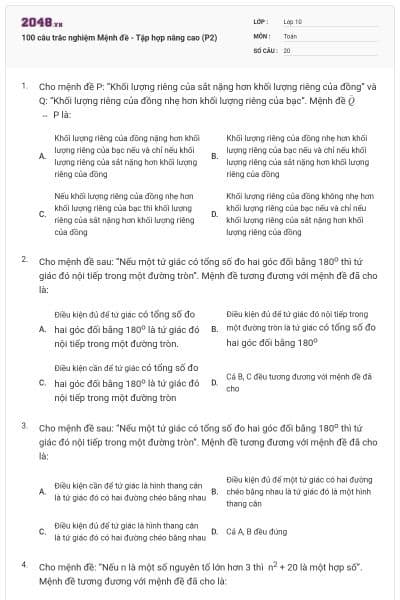 100 câu trắc nghiệm Mệnh đề - Tập hợp nâng cao (P2)